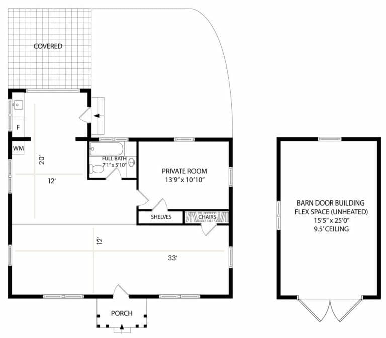 Floor plan showing a main building with a 33' porch, private room, full bath, kitchen area with fridge and washing machine space. Adjacent is an unheated barn door building, 15'5" x 25'0", with a 9.5' ceiling. Huntersville event venue